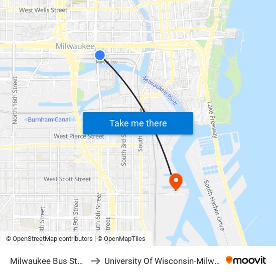 Milwaukee Bus Station to University Of Wisconsin-Milwaukee map