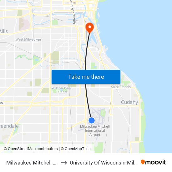 Milwaukee Mitchell Airport to University Of Wisconsin-Milwaukee map