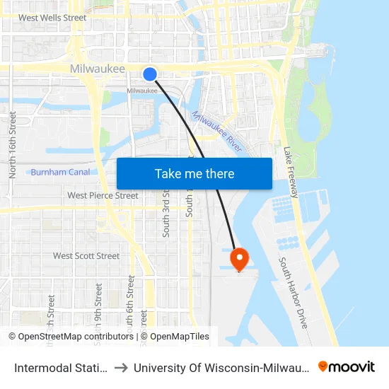 Intermodal Station to University Of Wisconsin-Milwaukee map