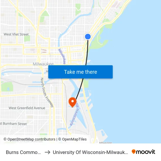 Burns Commons to University Of Wisconsin-Milwaukee map