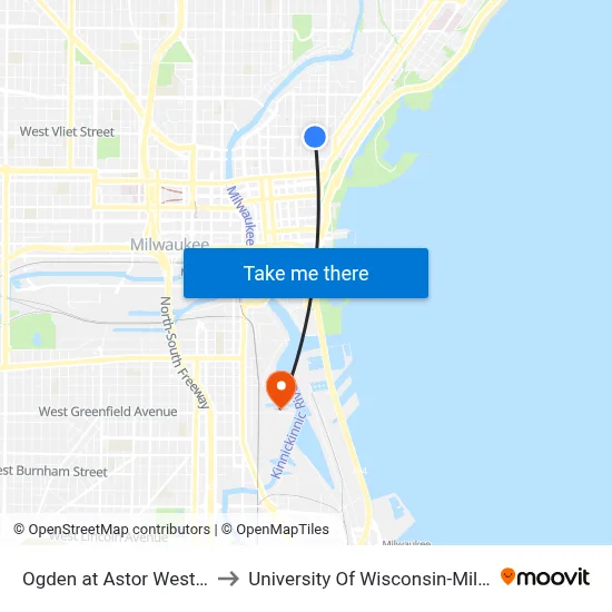 Ogden at Astor Westbound to University Of Wisconsin-Milwaukee map