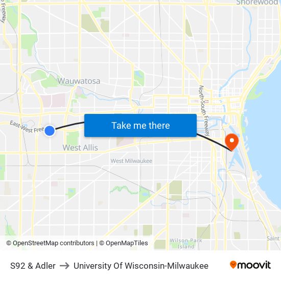 S92 & Adler to University Of Wisconsin-Milwaukee map