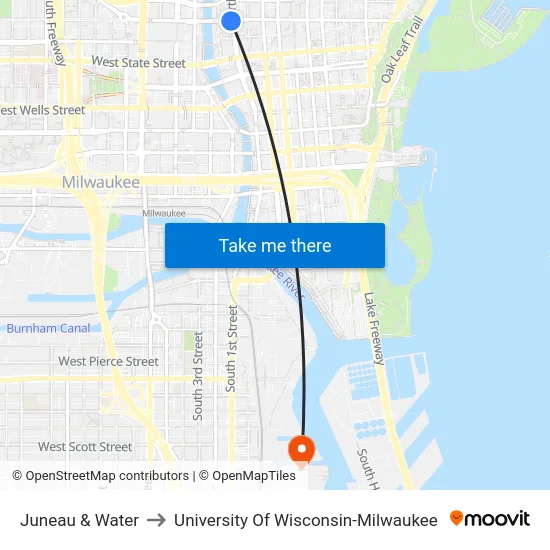 Juneau & Water to University Of Wisconsin-Milwaukee map