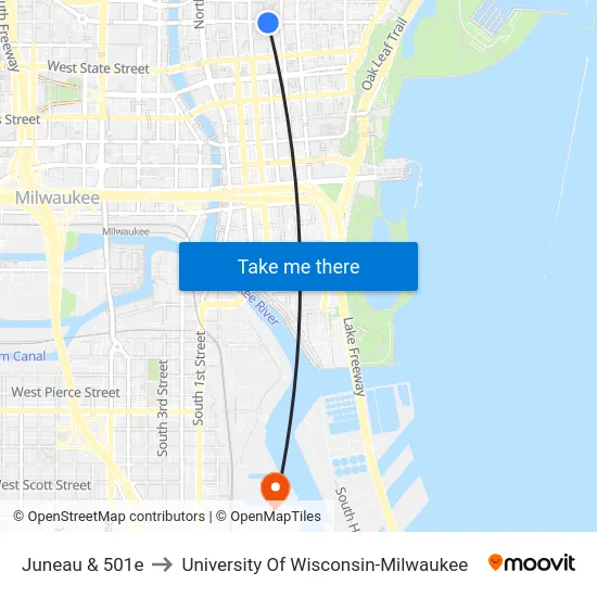 Juneau & 501e to University Of Wisconsin-Milwaukee map