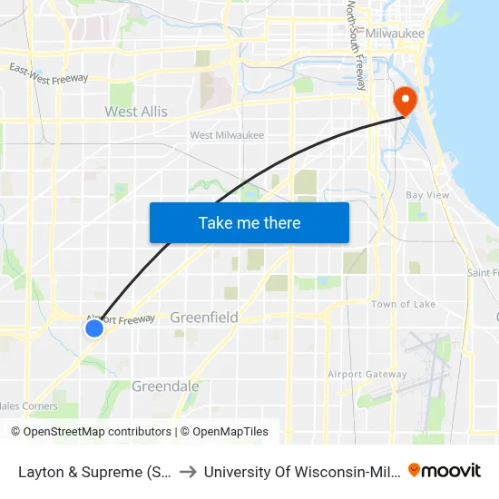 Layton & Supreme (S. 87th) to University Of Wisconsin-Milwaukee map