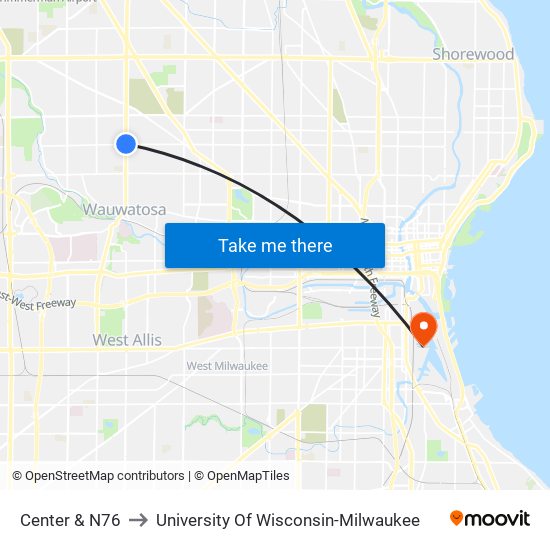 Center & N76 to University Of Wisconsin-Milwaukee map