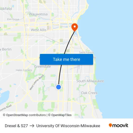 Drexel & S27 to University Of Wisconsin-Milwaukee map