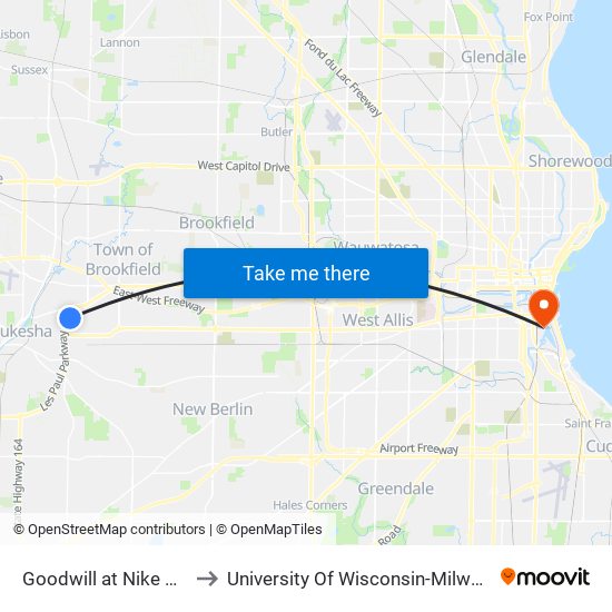 Goodwill at Nike Drive to University Of Wisconsin-Milwaukee map