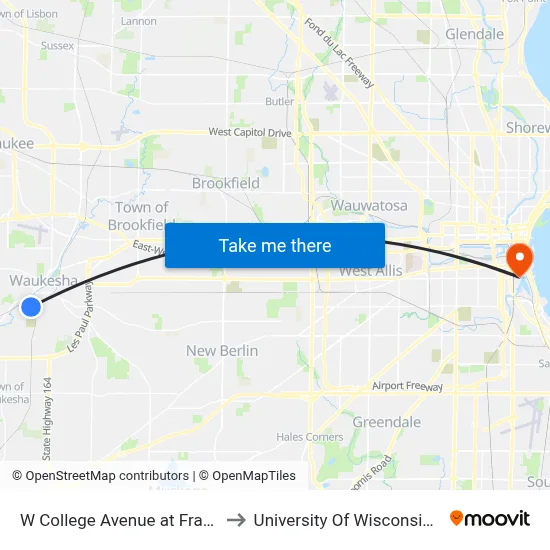 W College Avenue at Franklin Avenue to University Of Wisconsin-Milwaukee map