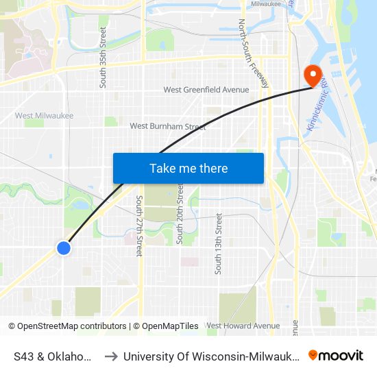 S43 & Oklahoma to University Of Wisconsin-Milwaukee map