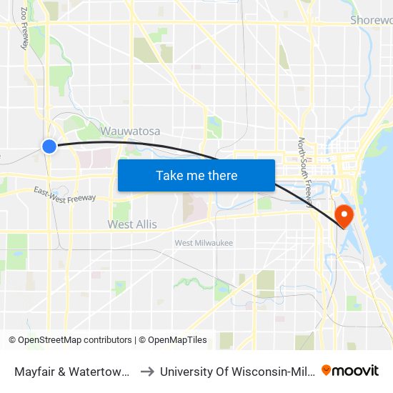 Mayfair & Watertown Plank to University Of Wisconsin-Milwaukee map