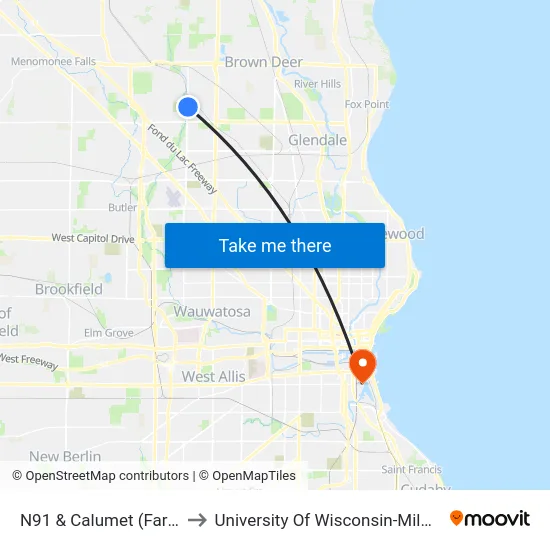 N91 & Calumet (Farside) to University Of Wisconsin-Milwaukee map