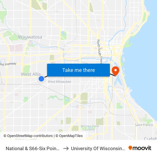 National & S66-Six Points Crossing to University Of Wisconsin-Milwaukee map