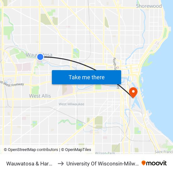 Wauwatosa & Harwood to University Of Wisconsin-Milwaukee map