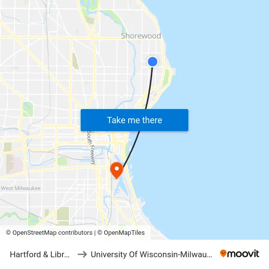 Hartford & Library to University Of Wisconsin-Milwaukee map