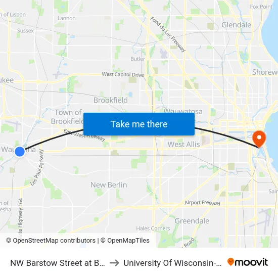 NW Barstow Street at Bank Street to University Of Wisconsin-Milwaukee map