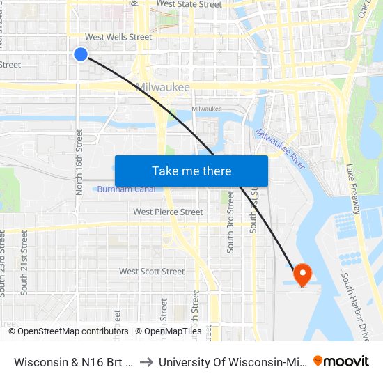 Wisconsin & N16 Brt Station to University Of Wisconsin-Milwaukee map