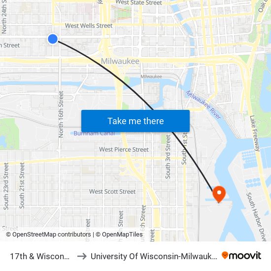 17th & Wisconsin to University Of Wisconsin-Milwaukee map