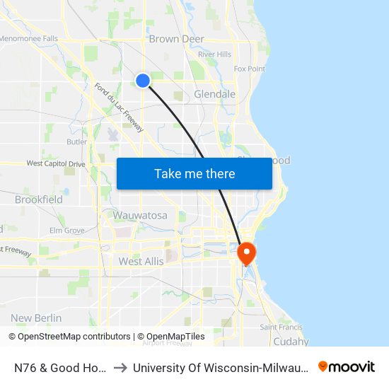 N76 & Good Hope to University Of Wisconsin-Milwaukee map