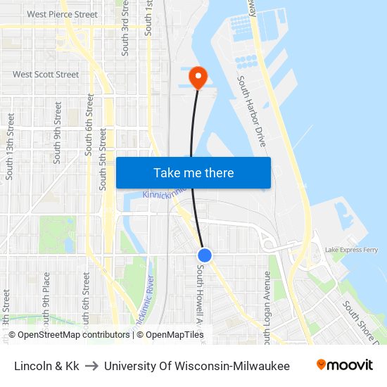 Lincoln & Kk to University Of Wisconsin-Milwaukee map
