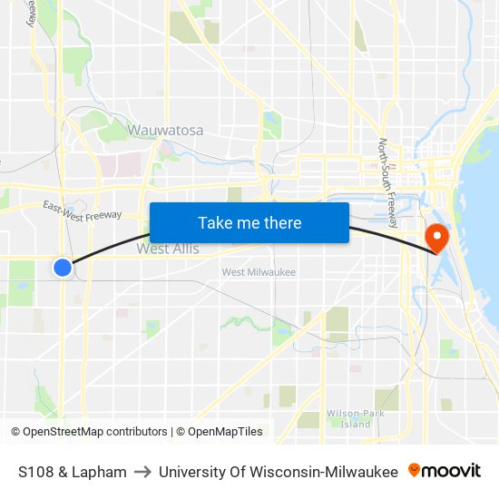 S108 & Lapham to University Of Wisconsin-Milwaukee map