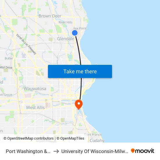 Port Washington & Mall to University Of Wisconsin-Milwaukee map