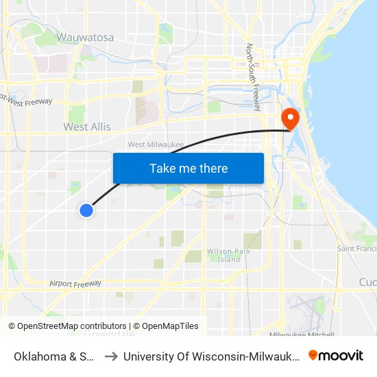 Oklahoma & S76 to University Of Wisconsin-Milwaukee map