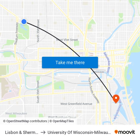 Lisbon & Sherman to University Of Wisconsin-Milwaukee map