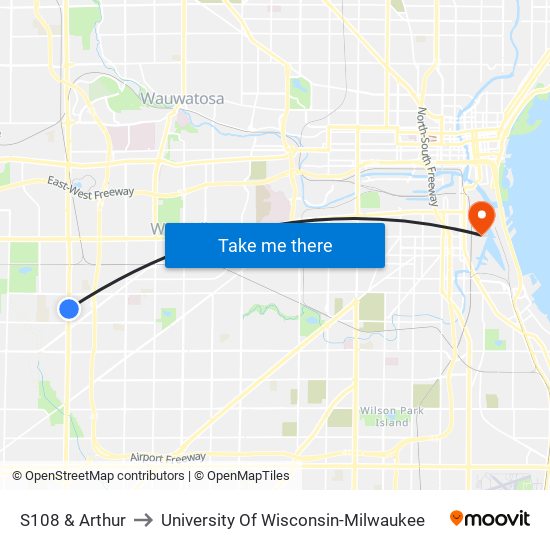 S108 & Arthur to University Of Wisconsin-Milwaukee map