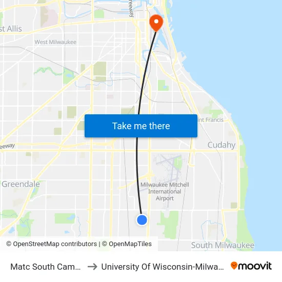 Matc South Campus to University Of Wisconsin-Milwaukee map