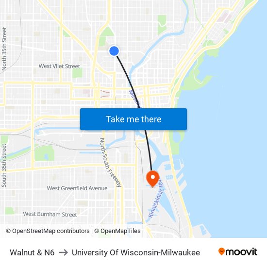 Walnut & N6 to University Of Wisconsin-Milwaukee map