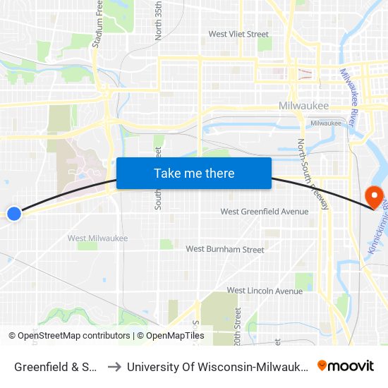 Greenfield & S65 to University Of Wisconsin-Milwaukee map