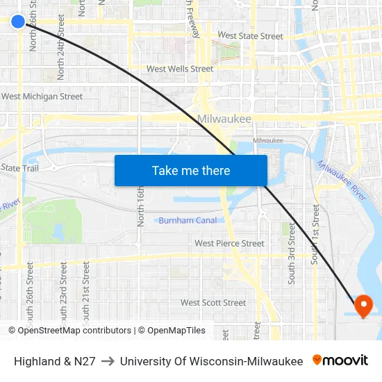Highland & N27 to University Of Wisconsin-Milwaukee map