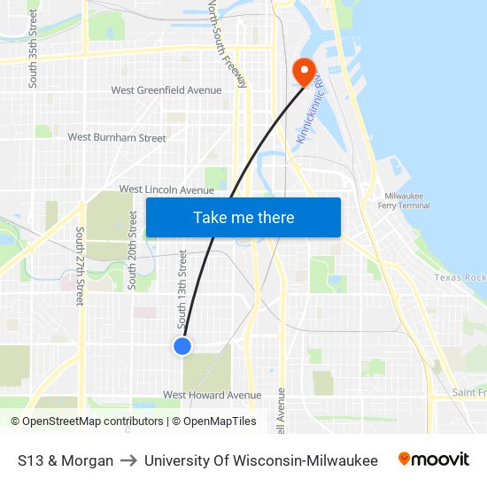 S13 & Morgan to University Of Wisconsin-Milwaukee map