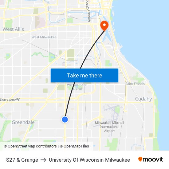 S27 & Grange to University Of Wisconsin-Milwaukee map