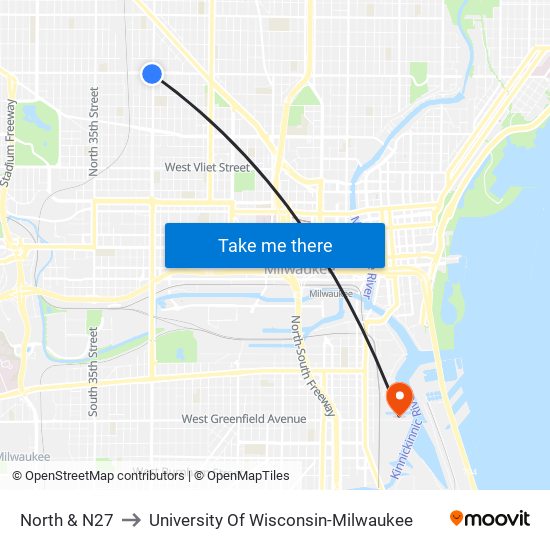 North & N27 to University Of Wisconsin-Milwaukee map