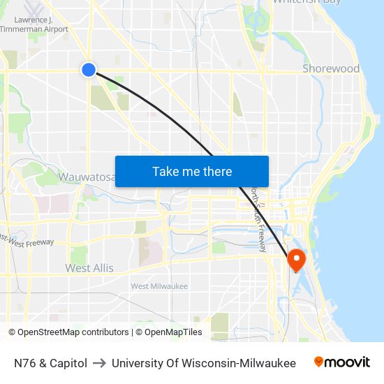 N76 & Capitol to University Of Wisconsin-Milwaukee map