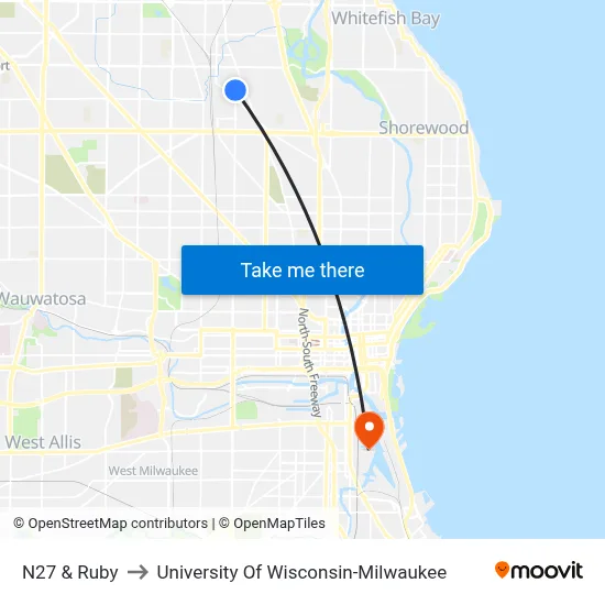 N27 & Ruby to University Of Wisconsin-Milwaukee map