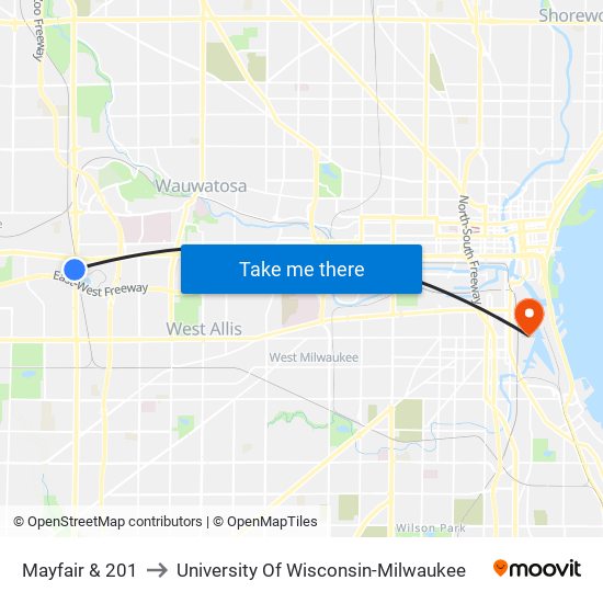 Mayfair & 201 to University Of Wisconsin-Milwaukee map