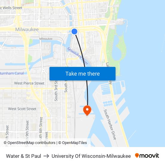 Water & St Paul to University Of Wisconsin-Milwaukee map