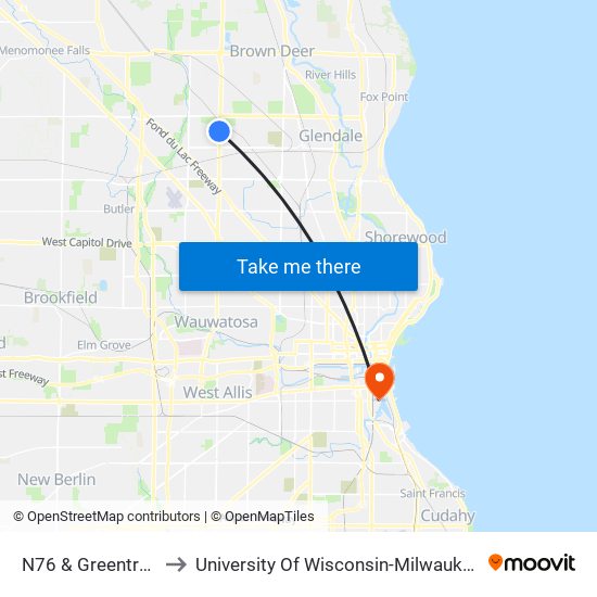 N76 & Greentree to University Of Wisconsin-Milwaukee map