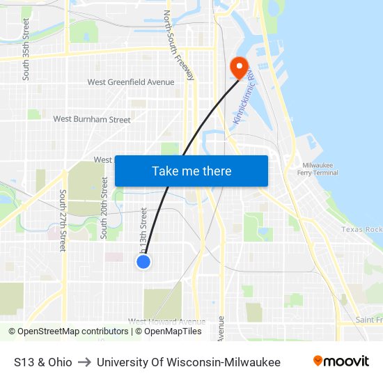 S13 & Ohio to University Of Wisconsin-Milwaukee map