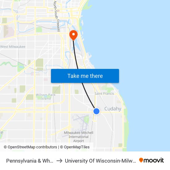 Pennsylvania & Whitnall to University Of Wisconsin-Milwaukee map