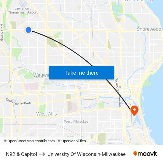 N92 & Capitol to University Of Wisconsin-Milwaukee map