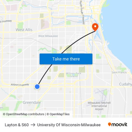 Layton & S60 to University Of Wisconsin-Milwaukee map