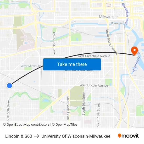 Lincoln & S60 to University Of Wisconsin-Milwaukee map