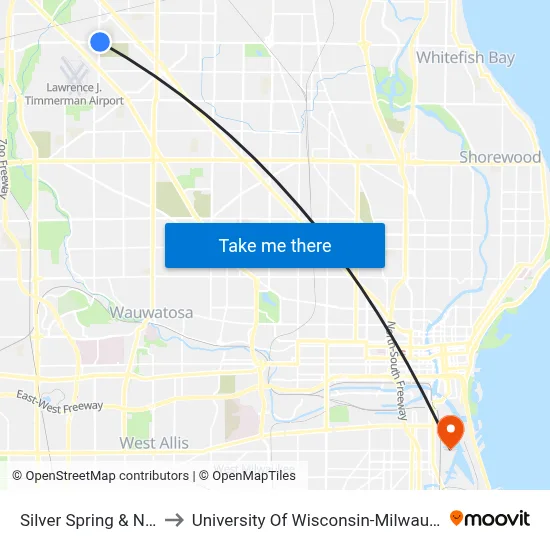Silver Spring & N91 to University Of Wisconsin-Milwaukee map