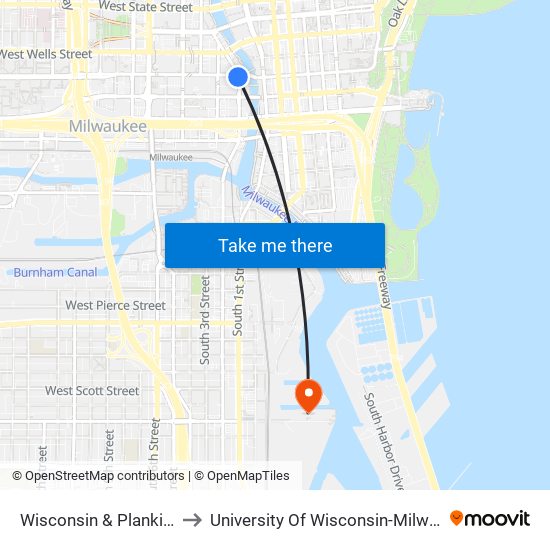 Wisconsin & Plankinton to University Of Wisconsin-Milwaukee map