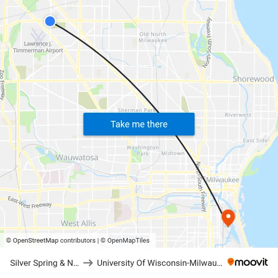Silver Spring & N91 to University Of Wisconsin-Milwaukee map