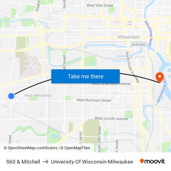 S60 & Mitchell to University Of Wisconsin-Milwaukee map